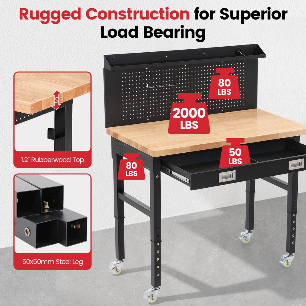 Workbench for Garage,ENJOYWOOD Heavy Duty 48 inch Wood Work Bench with Drawers,Led Lights, Pegboard and Wheels,Rubber Wood Tabletop,2000 LBS Load Bearing Workstation Garage Desk Table Worktable