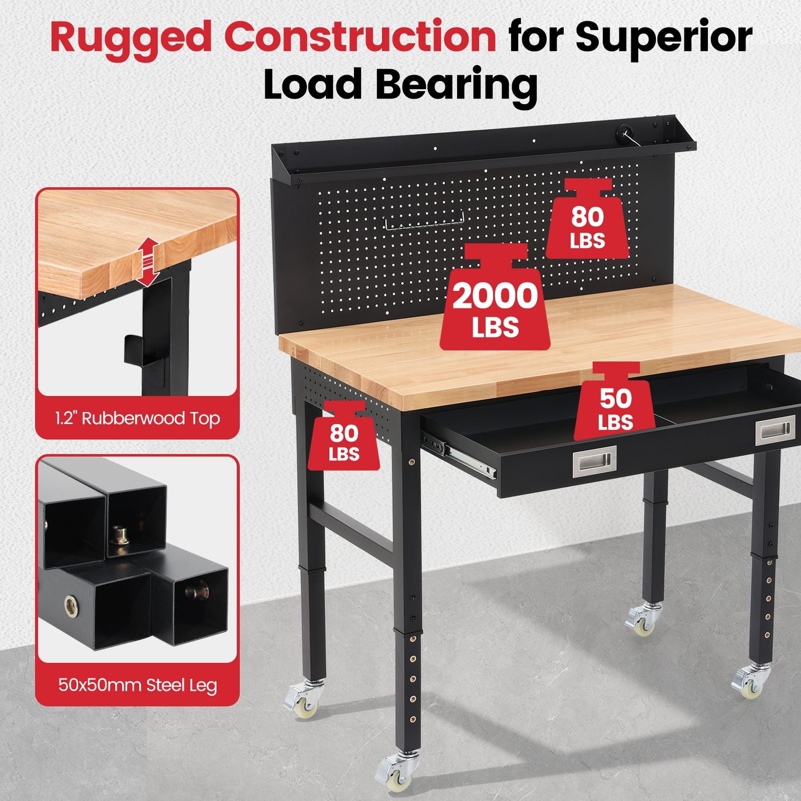 Workbench for Garage,ENJOYWOOD Heavy Duty 48 inch Wood Work Bench with Drawers,Led Lights, Pegboard and Wheels,Rubber Wood Tabletop,2000 LBS Load Bearing Workstation Garage Desk Table Worktable