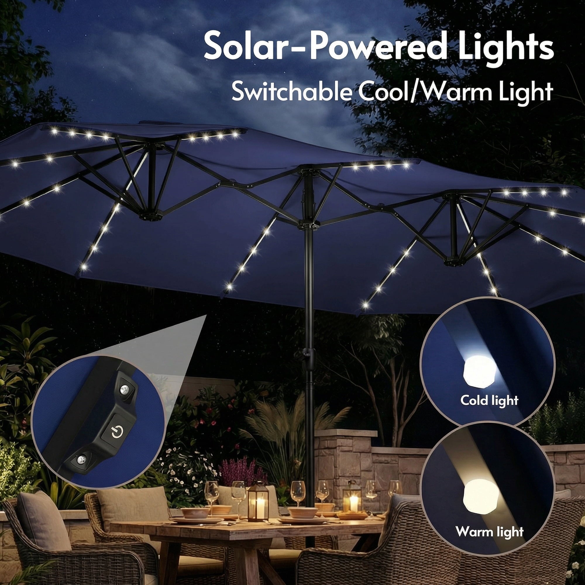 LAZZO 15ft Large Patio Umbrella with Base and Lights, Double-Sided Rectangular Outdoor Deck Umbrella, Tiki Style