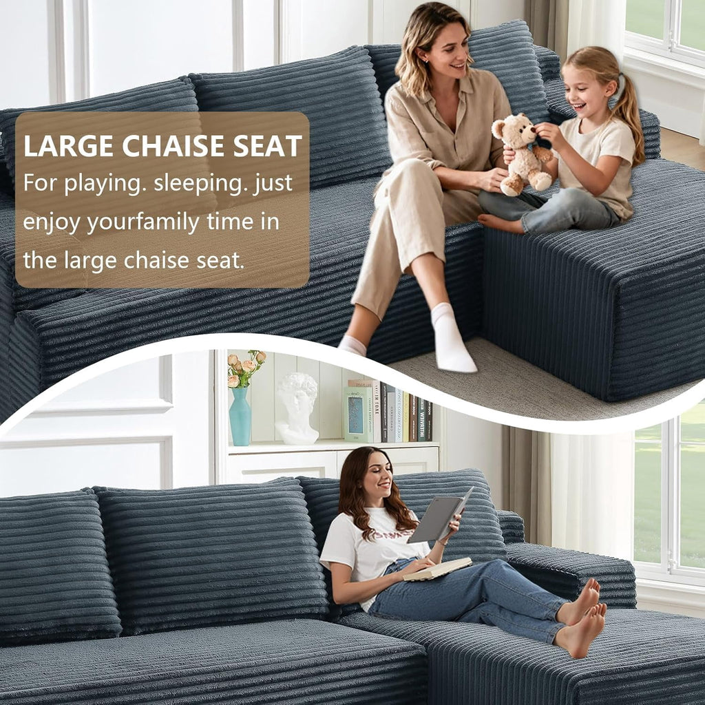 96 Boneless Cloud Couch with Chaise, Modular Sectional Sofa for Living Room, No Assembly Required, Deep Seat Corduroy Couch, Green