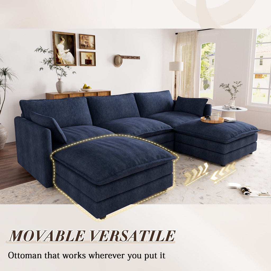 Muumblus Sectional Sofa Cloud Couch with Reversible Ottoman, L-Shaped Chenille Sofa for Living Rooms, Beige