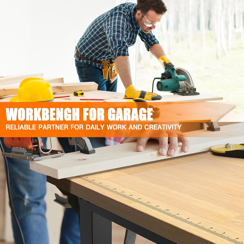 48 Adjustable Workbench with Wheels,Heavy-Duty Rubber Wood Worktable with Power Outlets &  Scales & Foot Pads,2000 LBS Load Capacity Work Benches for Garage,Workshop,Office,Home