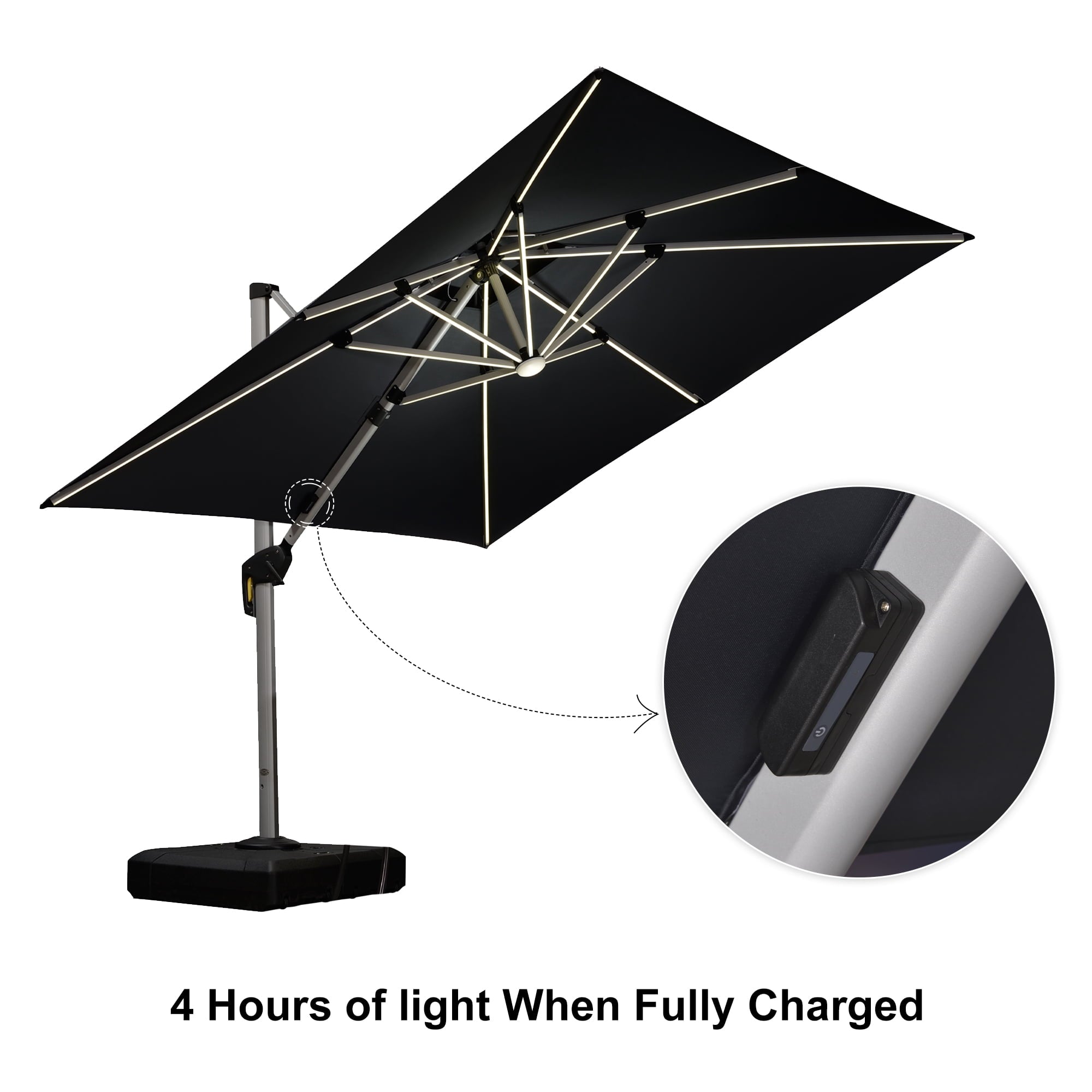 PURPLE LEAF 9 x 12FT Deluxe Rectangle Solar Powered LED Patio Umbrella with Base, Large Offset Cantilever Umbrella with 360° Rotation, Navy Blue
