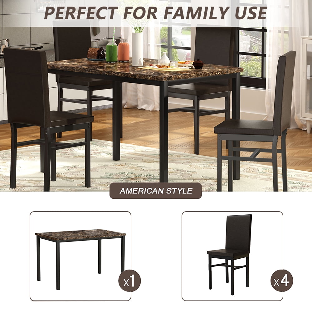 5 Piece Dining Table Set, Modern Faux Marble Tabletop and 4 PU Leather Upholstered Chairs, Rectangle Kitchen Table and Chairs for 4 Persons, Small Dining Set for Bar Dining Room Breakfast Nook