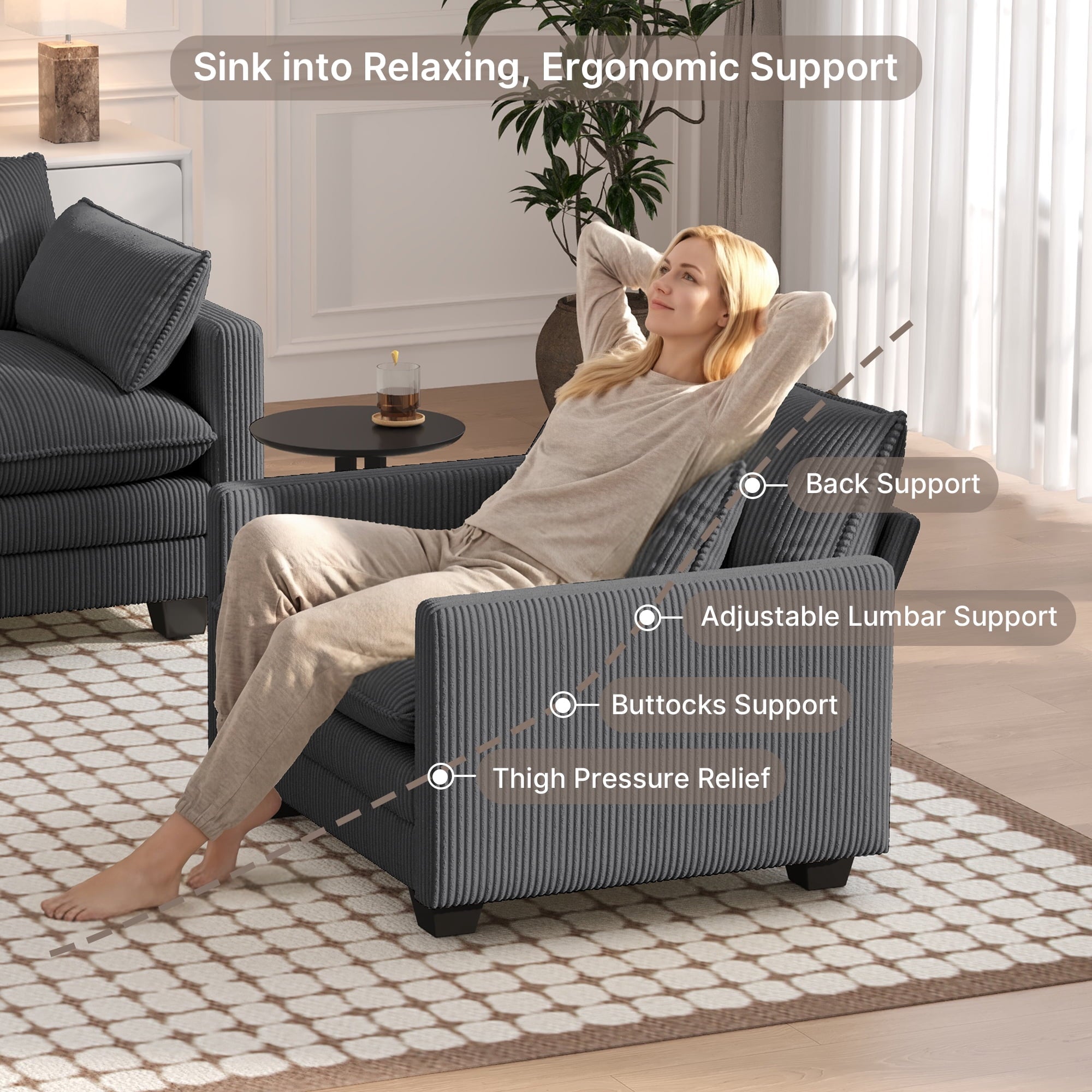75’’ Cloud Couches for Living Room, Noelse L Shaped Modular Sofa with Deep Seats, 2 Seater Love Seat Couch with Removable Washable Corduroy Fabric for Living Room Bedroom and Apartment, Gray