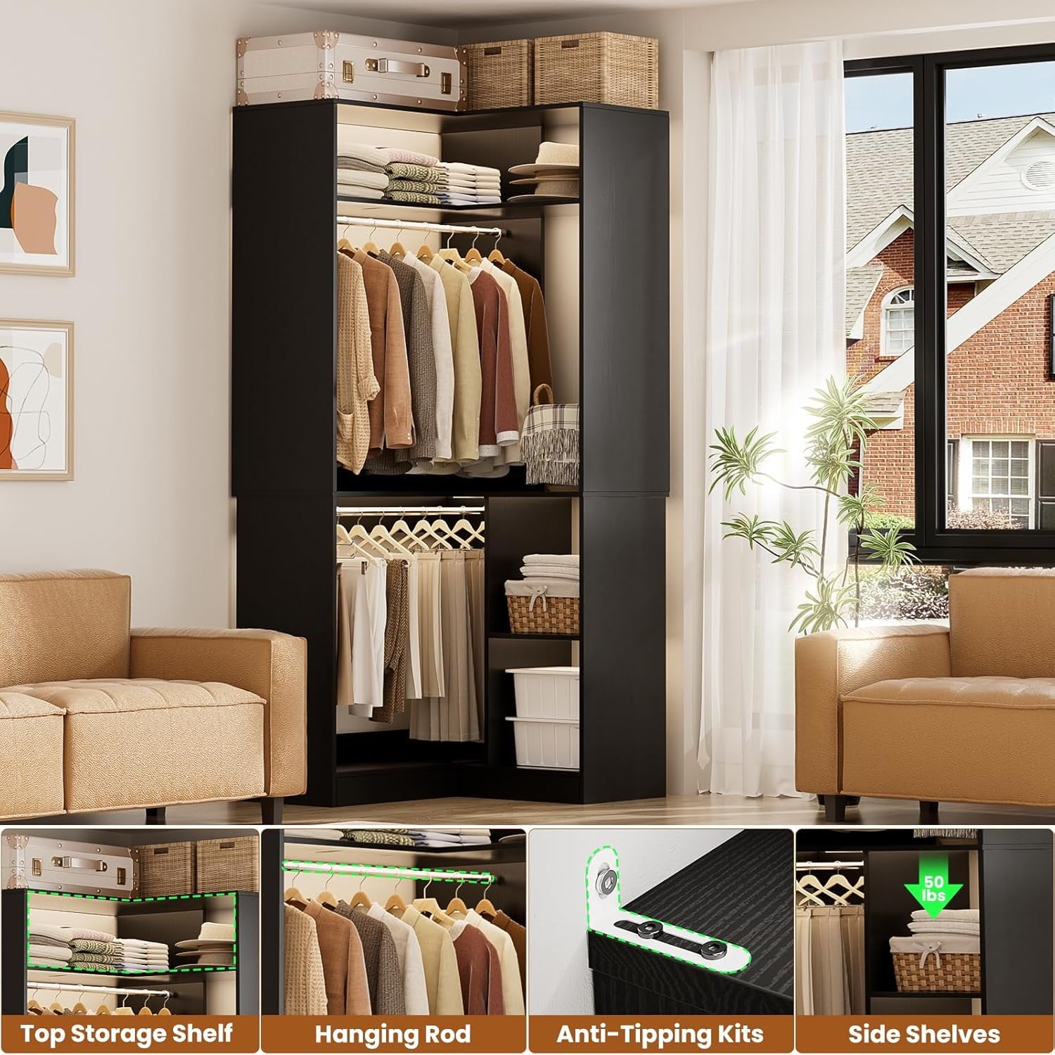 Homieasy 34 W Corner Closet System with Hanging Rods, White
