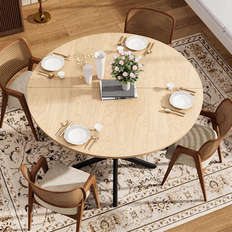 Hawsaiy 47 Round Dining Table for 4-6, Modern Farmhouse Kitchen Table with Metal Legs, Wood Circle Dinner Table for Kitchen & Dining Room, Walnut