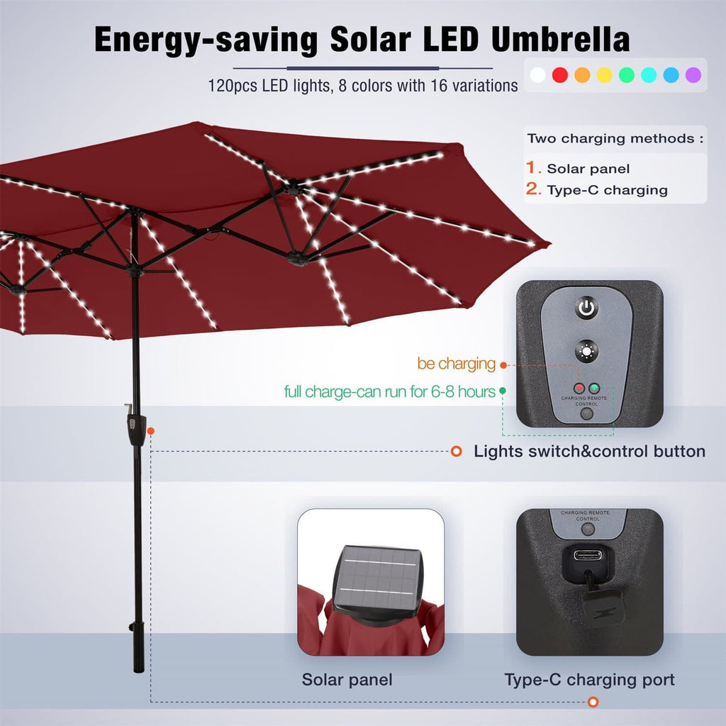 SUMMIT LIVING 13ft Large Patio Umbrella with Multi-Color LED Solar Lights Double-Sided Rectangular Outdoor Table Umbrella – Beige