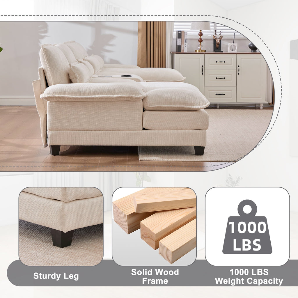 Villeston 126.77 U-Shaped Cloud Sofa With Chaise Lounge, Chenille Sofa With Wireless Charging, Bluetooth Speaker, Two Cup Holders, Storage Drawer, Suitable For Living Room,Gray