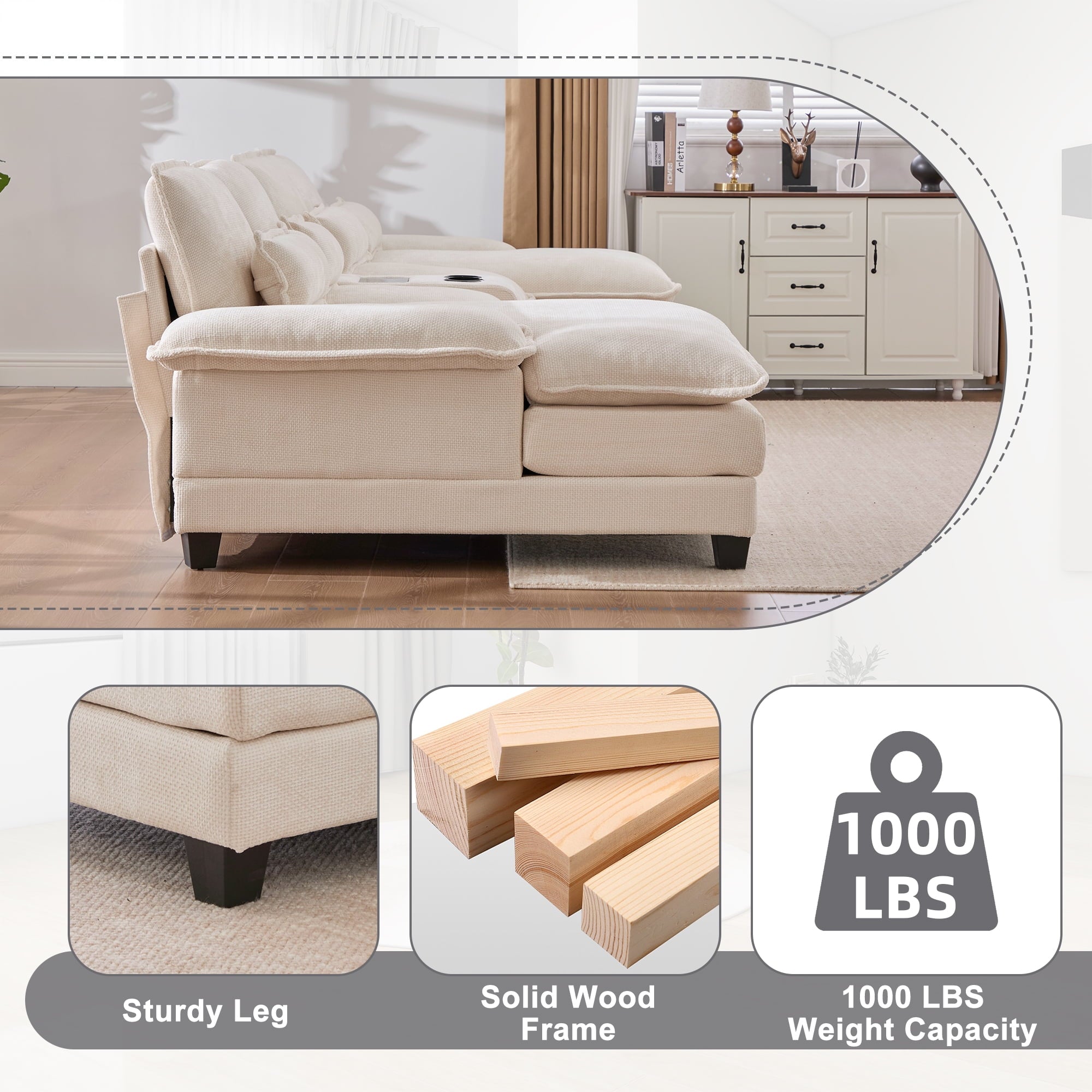 Villeston 126.77 U-Shaped Cloud Sofa With Chaise Lounge, Chenille Sofa With Wireless Charging, Bluetooth Speaker, Two Cup Holders, Storage Drawer, Suitable For Living Room,Gray