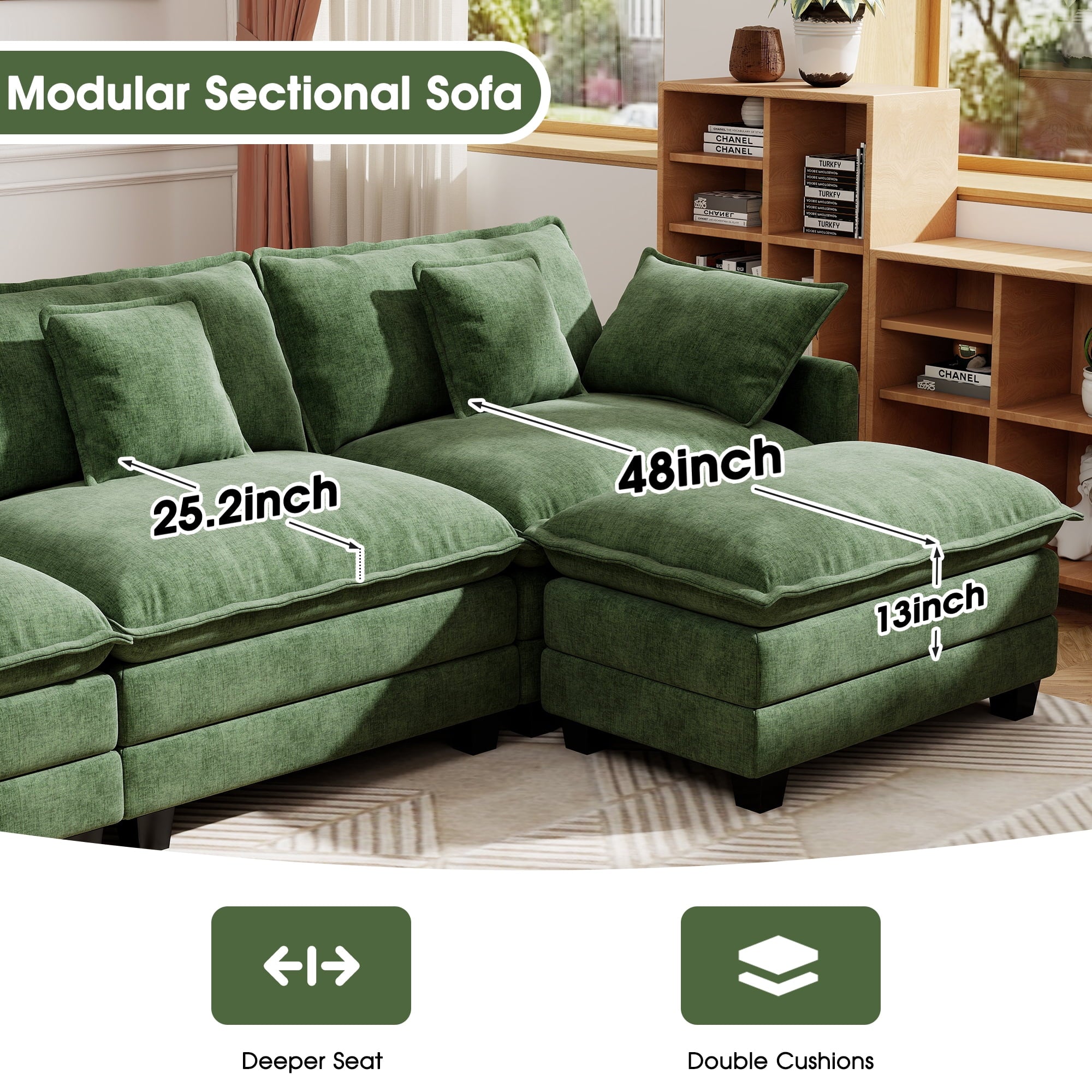 BedLuxury 111.5'' Modular Sectional Sofa with Movable Ottomans, U Shaped Cloud Couch for Living Room, 3-Seat, Grey