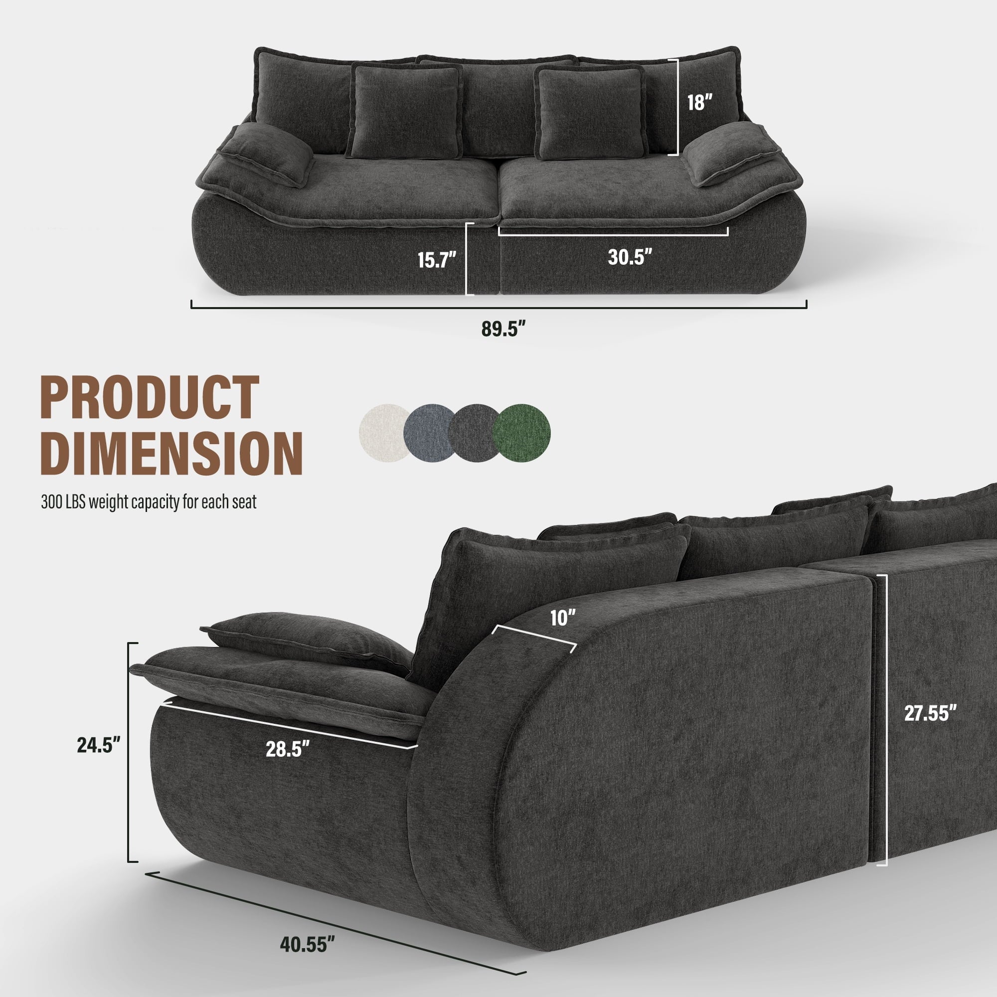 2-Seater Modular Sectional Sofa, Comfy Loveseat with Throw, Deep Seat Memory Foam Small Couches for Small Space, Living Room Apartment, Dark Grey