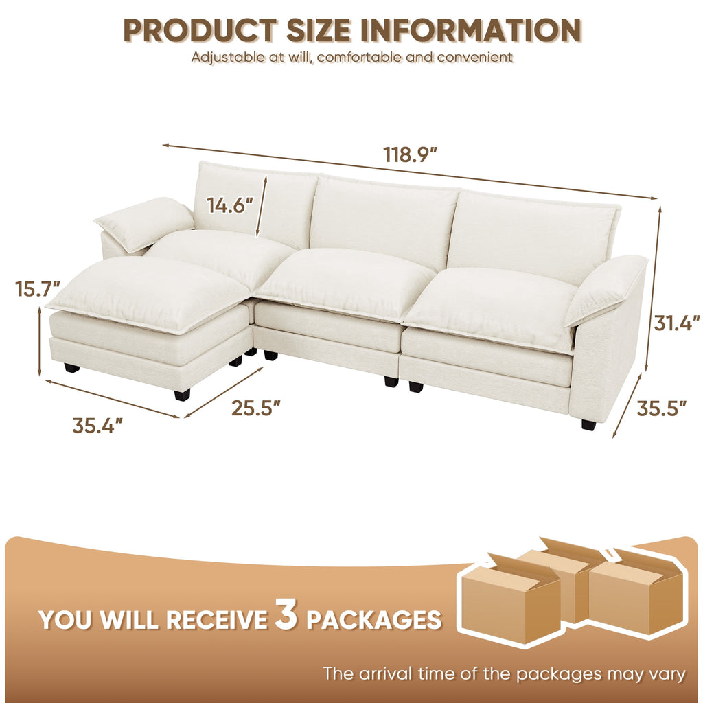 Homall 3-seat L-shaped Cloud Couch Sectional Sofa with reversible toffee chair Movable Footrest Sofa, Gray