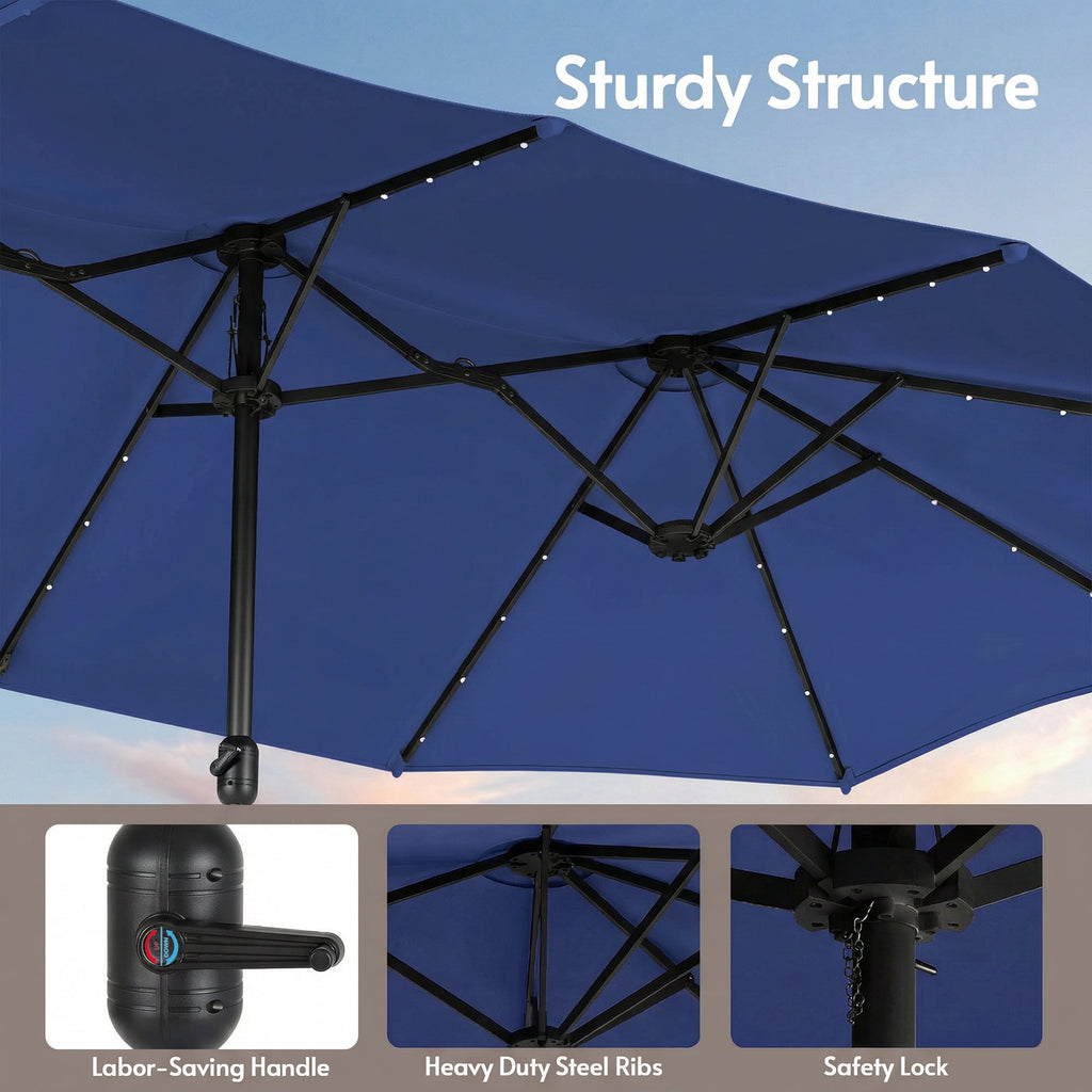LAZZO 15ft Large Patio Umbrella with Base and Lights, Double-Sided Rectangular Outdoor Deck Umbrella, Tiki Style