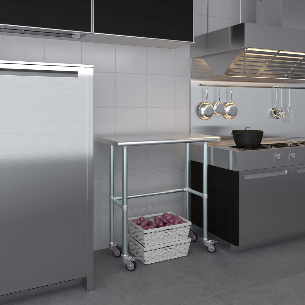 AmGood 36 Long x 30 Deep Stainless-Steel Work Table with Open Base and Wheels, Mobile Metal Table