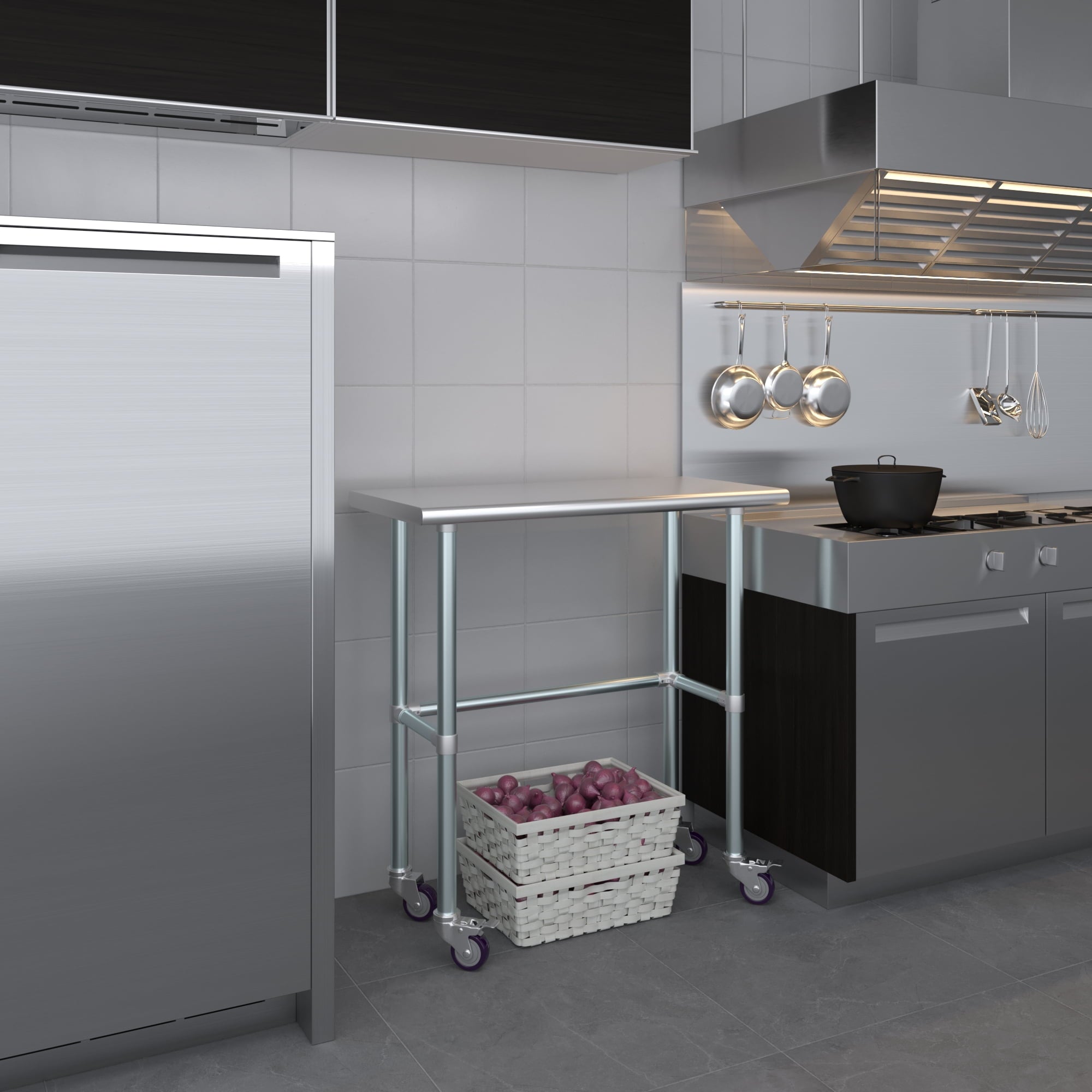 AmGood 36 Long x 30 Deep Stainless-Steel Work Table with Open Base and Wheels, Mobile Metal Table