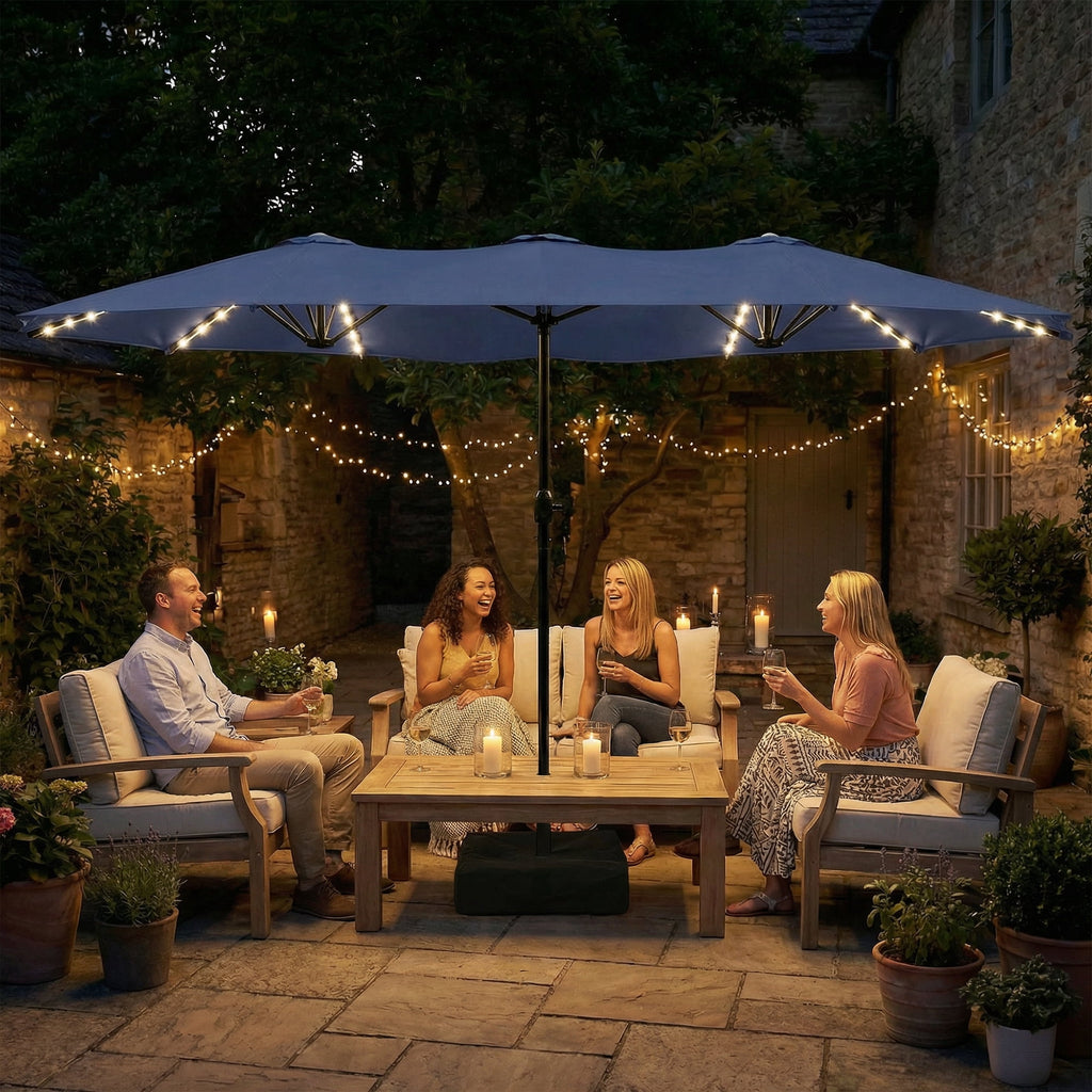 LAZZO 15ft Large Patio Umbrella with Base and Lights, Double-Sided Rectangular Outdoor Deck Umbrella, Tiki Style