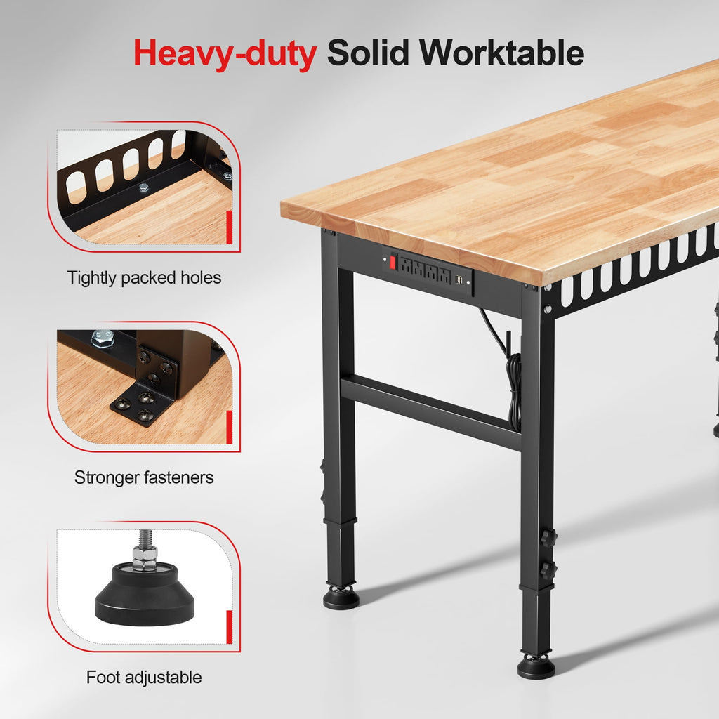 AHB 70 Adjustable Height Workbench with Power Outlets and Pegboard, 2000 lbs Heavy Duty Rubber Wood Top Work Table for Garage, Workshop, Office and Home