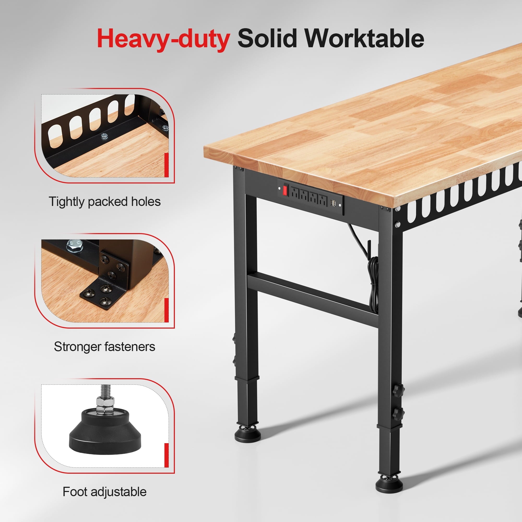 AHB 70 Adjustable Height Workbench with Power Outlets and Pegboard, 2000 lbs Heavy Duty Rubber Wood Top Work Table for Garage, Workshop, Office and Home