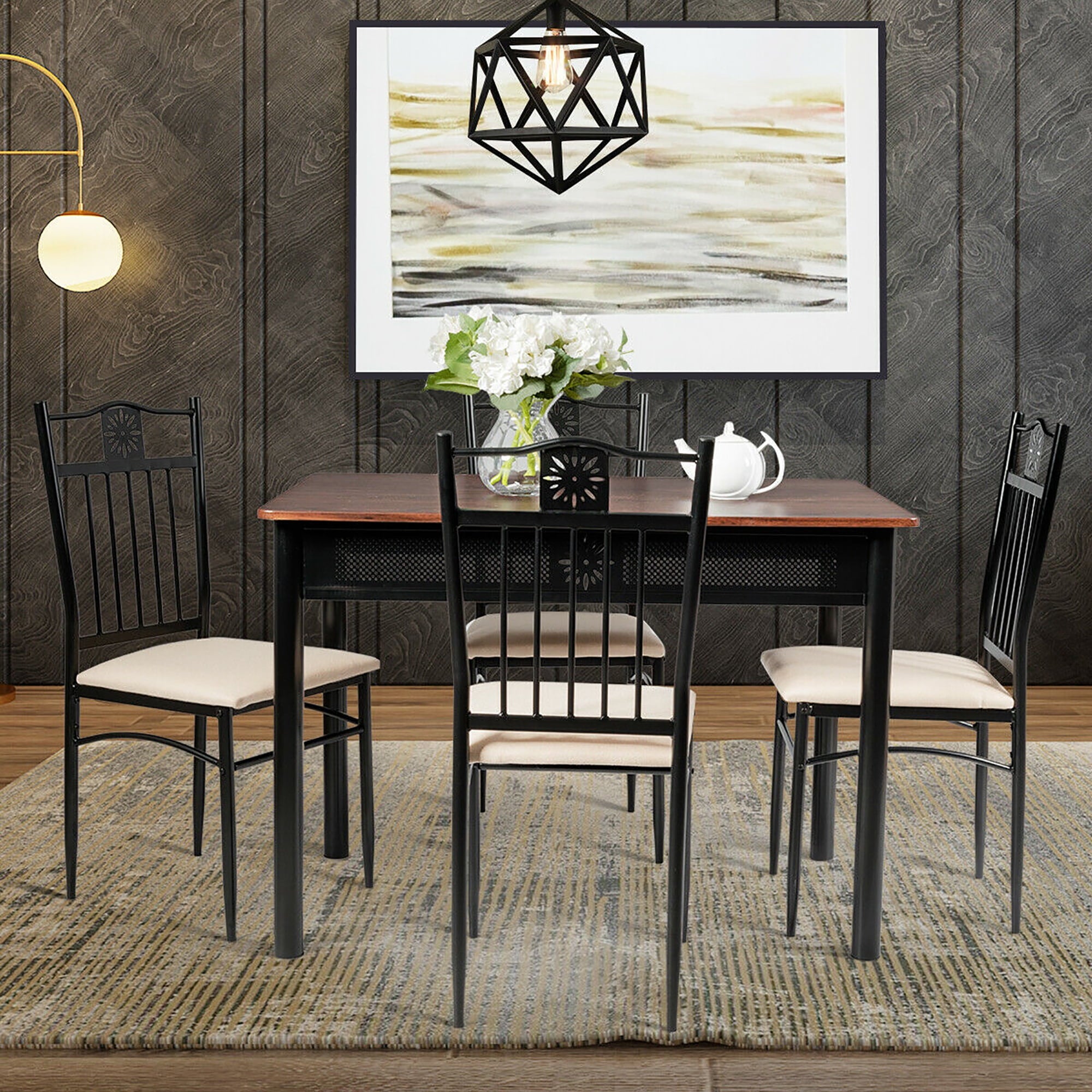 Costway 5PCS Dining Set Metal Table & 4 Chairs Kitchen Breakfast Furniture Black