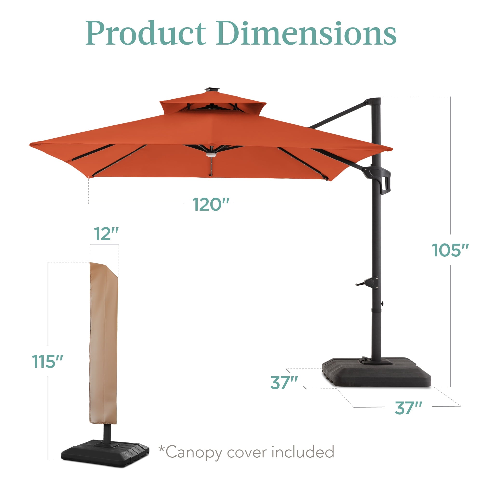 Best Choice Products 10x10ft 2-Tier Square Outdoor Solar LED Cantilever Patio Umbrella w/ Base Included - Tan