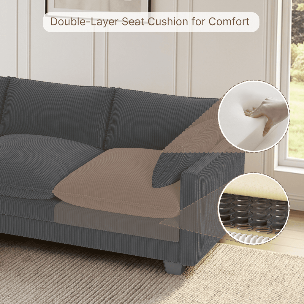 110'' Oversized L Shaped Couch for Living Room, Cloud Couches with Washable Corduroy Cover, Modern 4-Seater Comfy Deep-Seat Sofa with Movable Ottoman and 2 Throw Pillows for Apartment, Gray