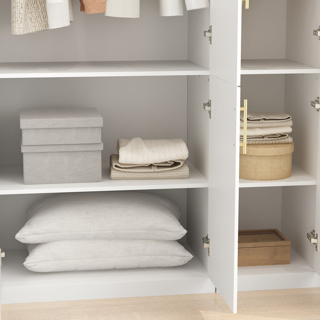 KULAGAGA Wardrobe Closet with Hanging Rod, Modern Wooden Armoire with 4 Framed Doors & 3 Large Shelves, Clothes Storage Cabinet Organizer for Bedroom Apartment, White