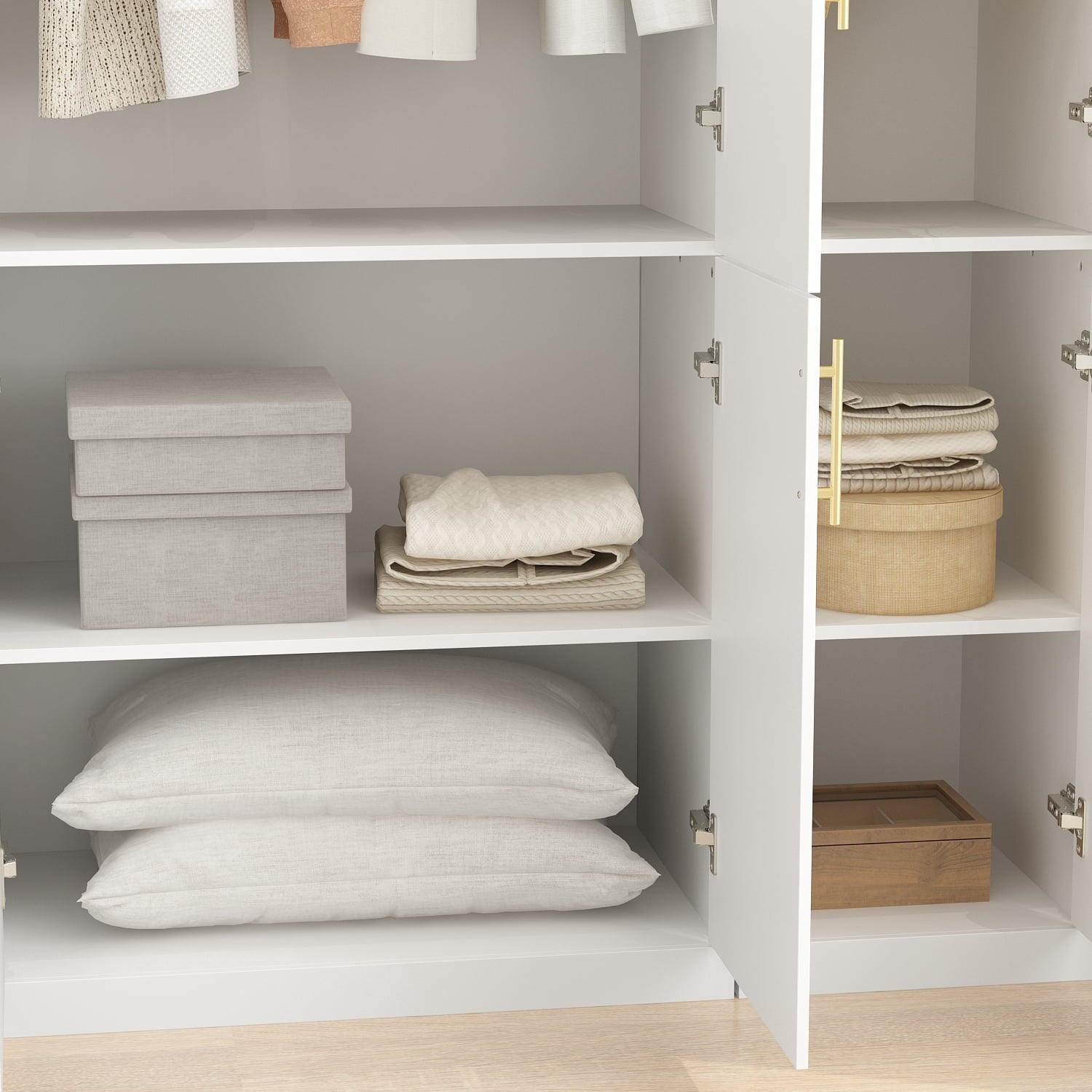 KULAGAGA Wardrobe Closet with Hanging Rod, Modern Wooden Armoire with 4 Framed Doors & 3 Large Shelves, Clothes Storage Cabinet Organizer for Bedroom Apartment, White