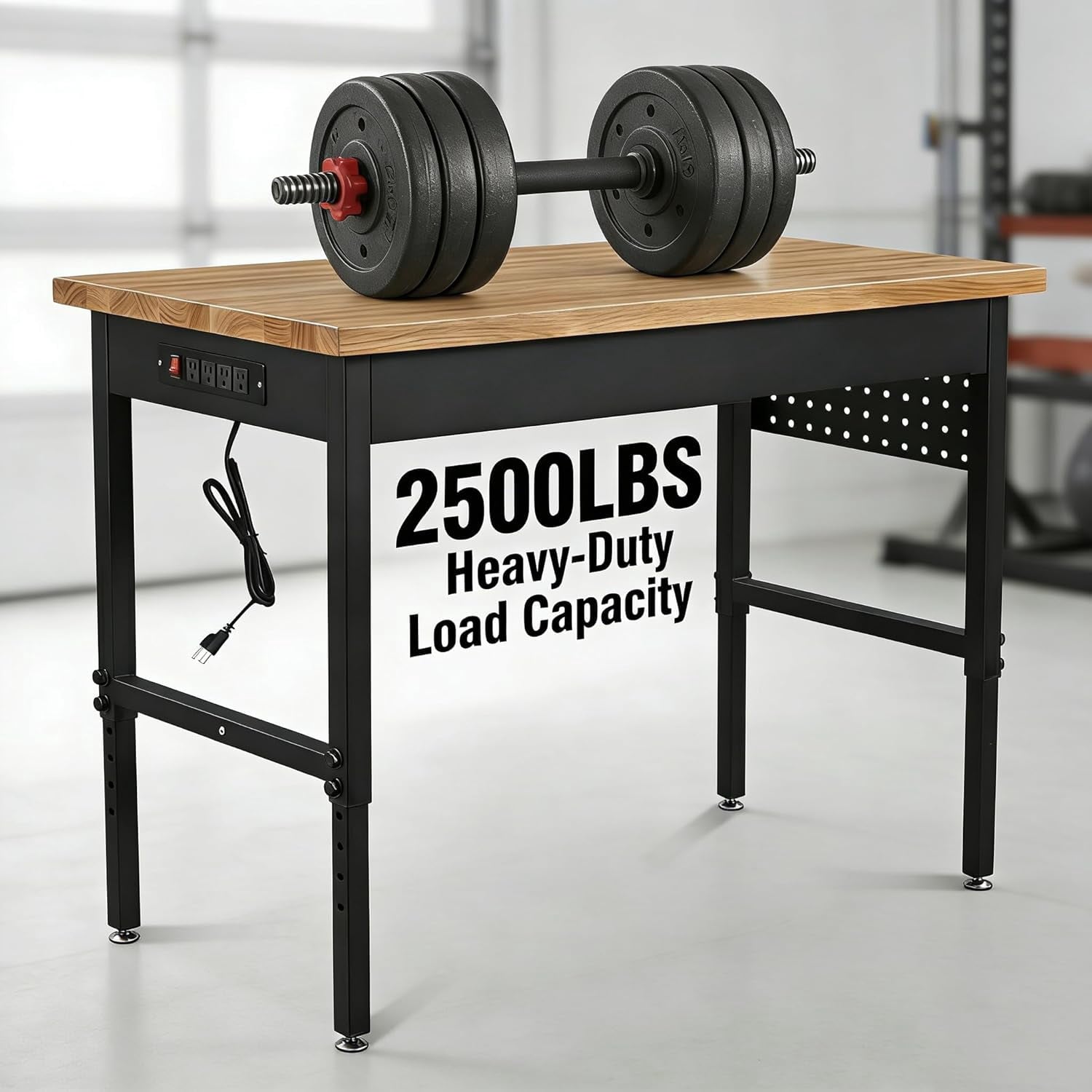 60 Inch Adjustable Workbench with Power Outlet, 2500 LBS Heavy Duty Double-Layer Workbench with Hardwood Top, 6-Level Height Adjustable Garage Work Table with Wheels, Rolling Workstation for Workshop