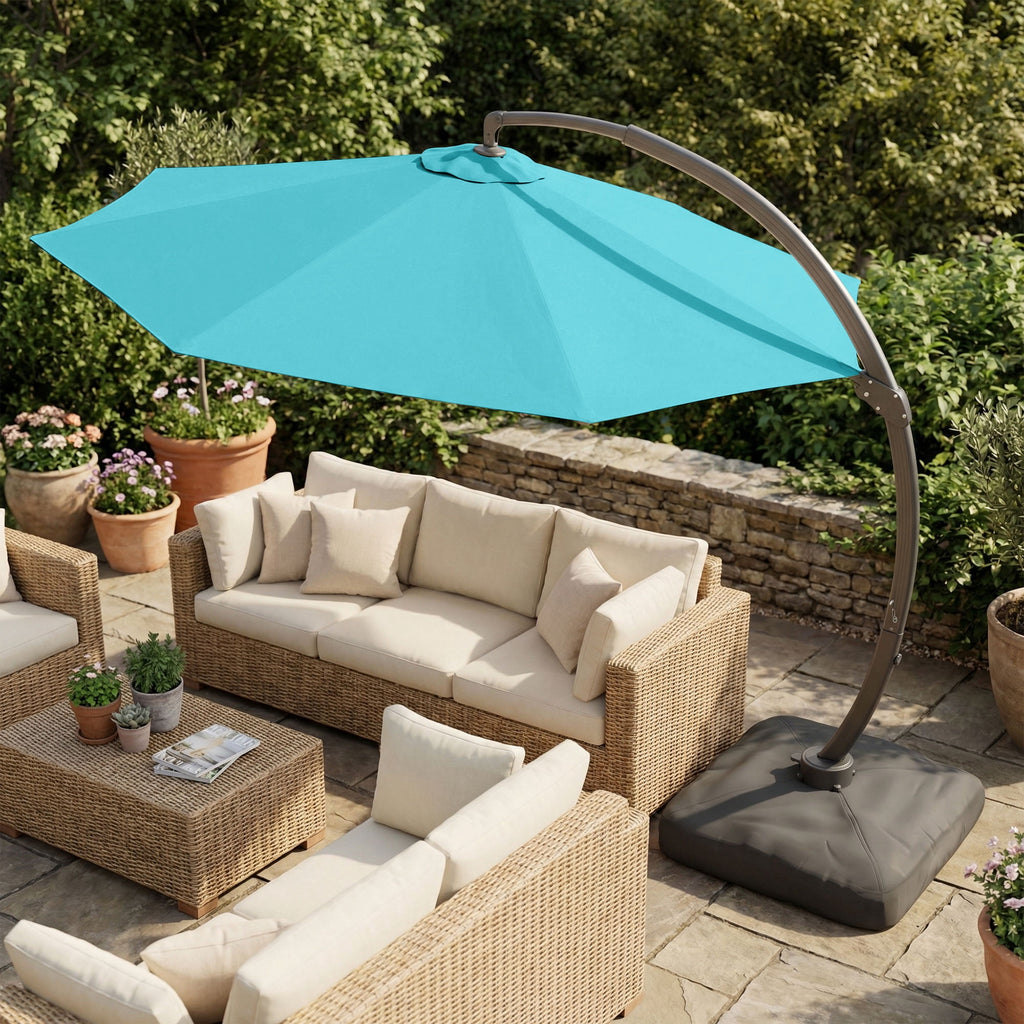 LAZZO 11ft Outdoor Patio Umbrella with Base, Aluminum Offset Cantilever Umbrella for Pool Deck, Champagne