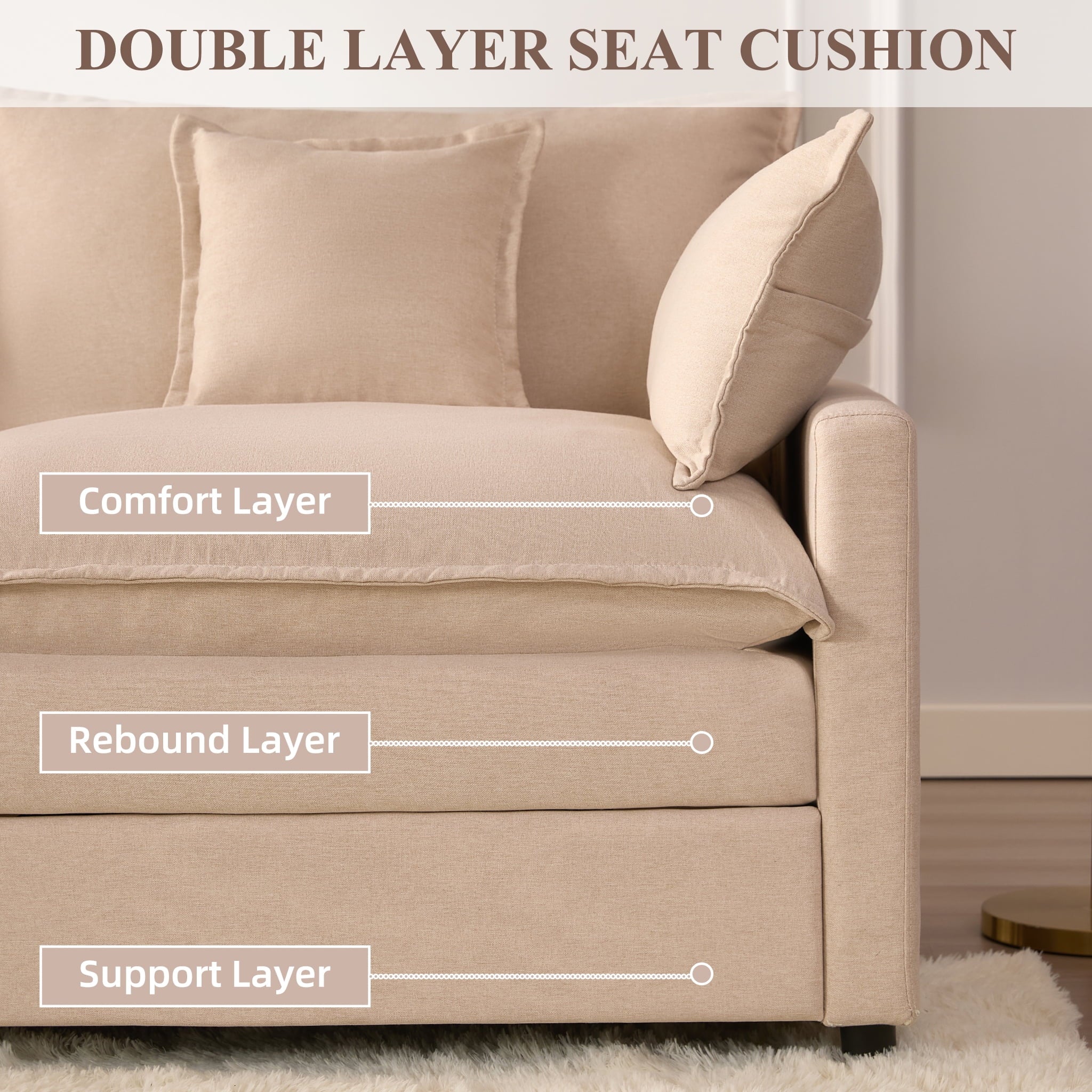 LAKPS 3-Seat Sectional Sofa Couch, Cloud-Style Deep Seating Sleeper Sofa with Included Throw Pillows, Linen Upholstery, Modern Living Room Sofa, Cream White