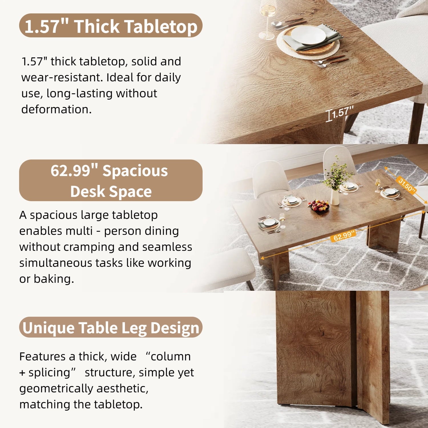 Fnova 63 Rectangular Modern Dining Table, Wooden Modern Kitchen Table for 6 People for Dining Room, Warm Brown (Chairs Not Included)