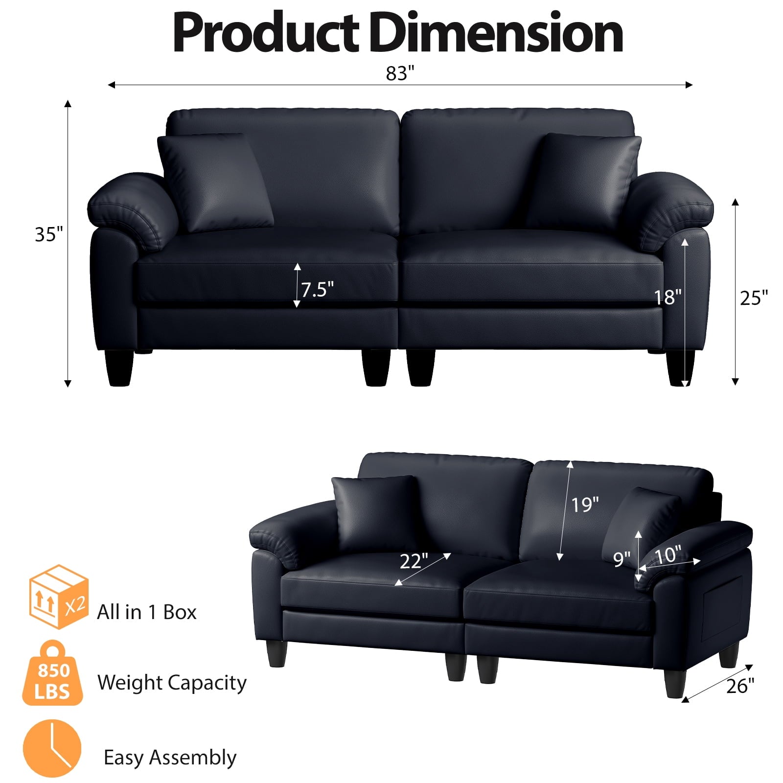 83 Couch Premium PU Leather Sofa, Deep Seat Oversized Loveseat for Living Room (Includes 2 Pillows), Brown