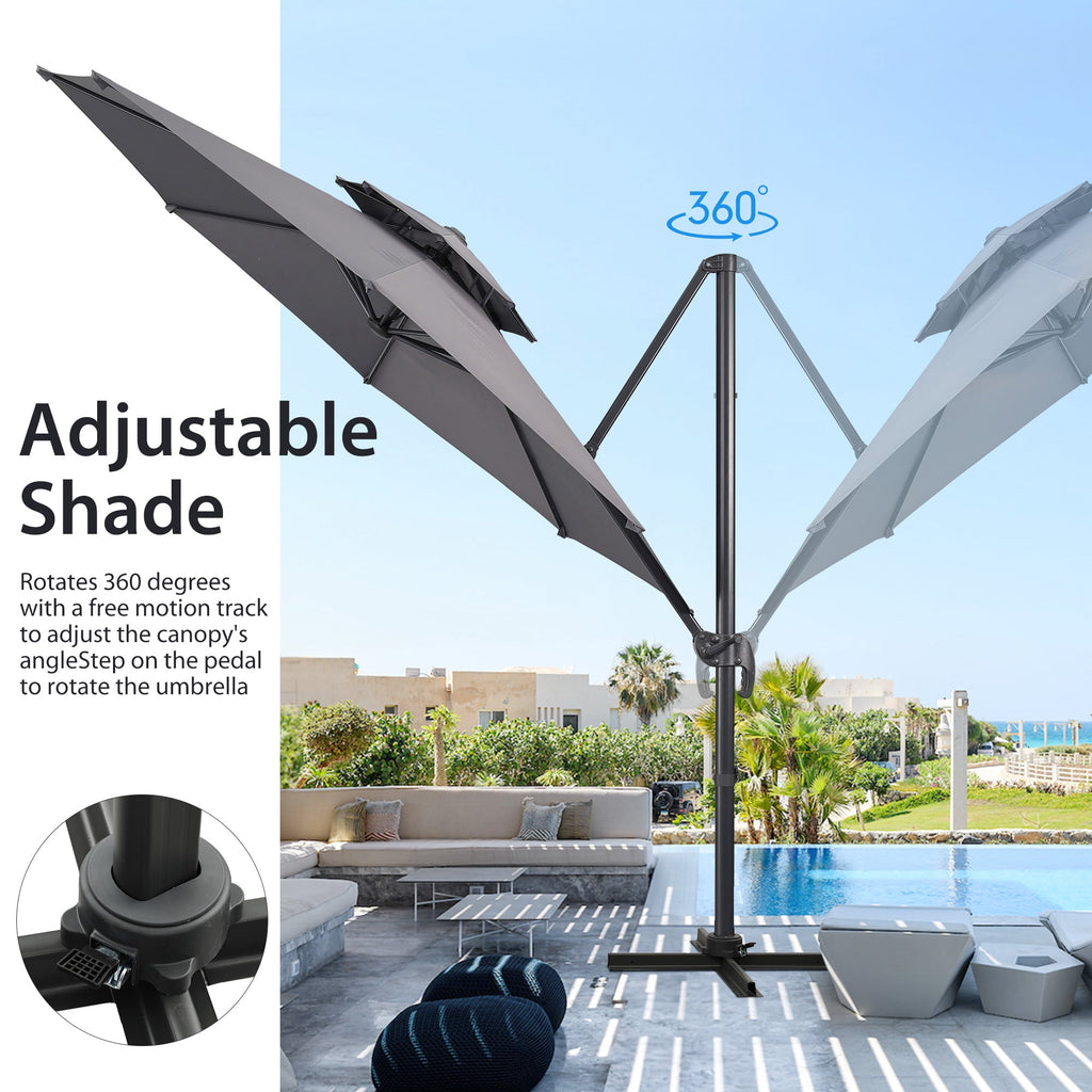 Ainfox 10ft Double Top Heavy-Duty Patio Cantilever Umbrella with lights and Cross Base, Outdoor Large Offset Hanging Aluminum Rotation Sun Shade Solar Umbrella with 360°Rotation Adjustable,Khaki