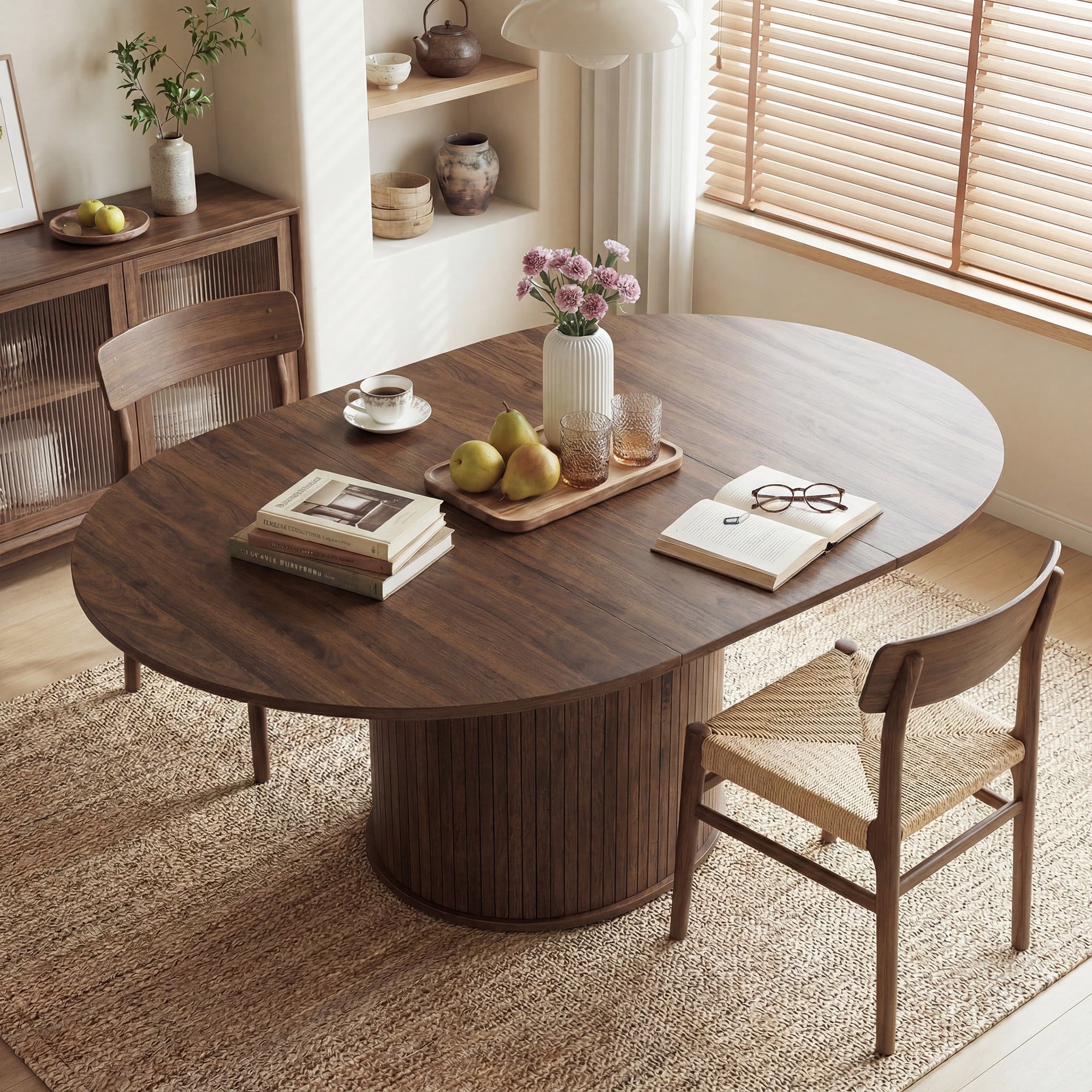 EOP 47″- 63″ Extendable Round Dining Table for 4-6, Wooden Kitchen Table with Hidden Storage and Fluted Sliding Door Cabinet, Modern Space-Saving Table for Dining Room Kitchen, Walnut