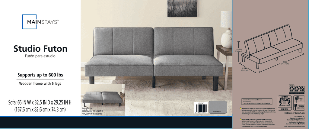 Mainstays 66 Studio Futon, Gray Linen Upholstery