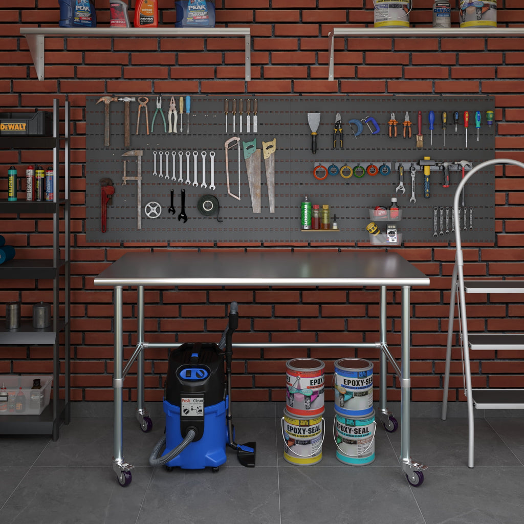 AmGood 36 Long x 30 Deep Stainless-Steel Work Table with Open Base and Wheels, Mobile Metal Table