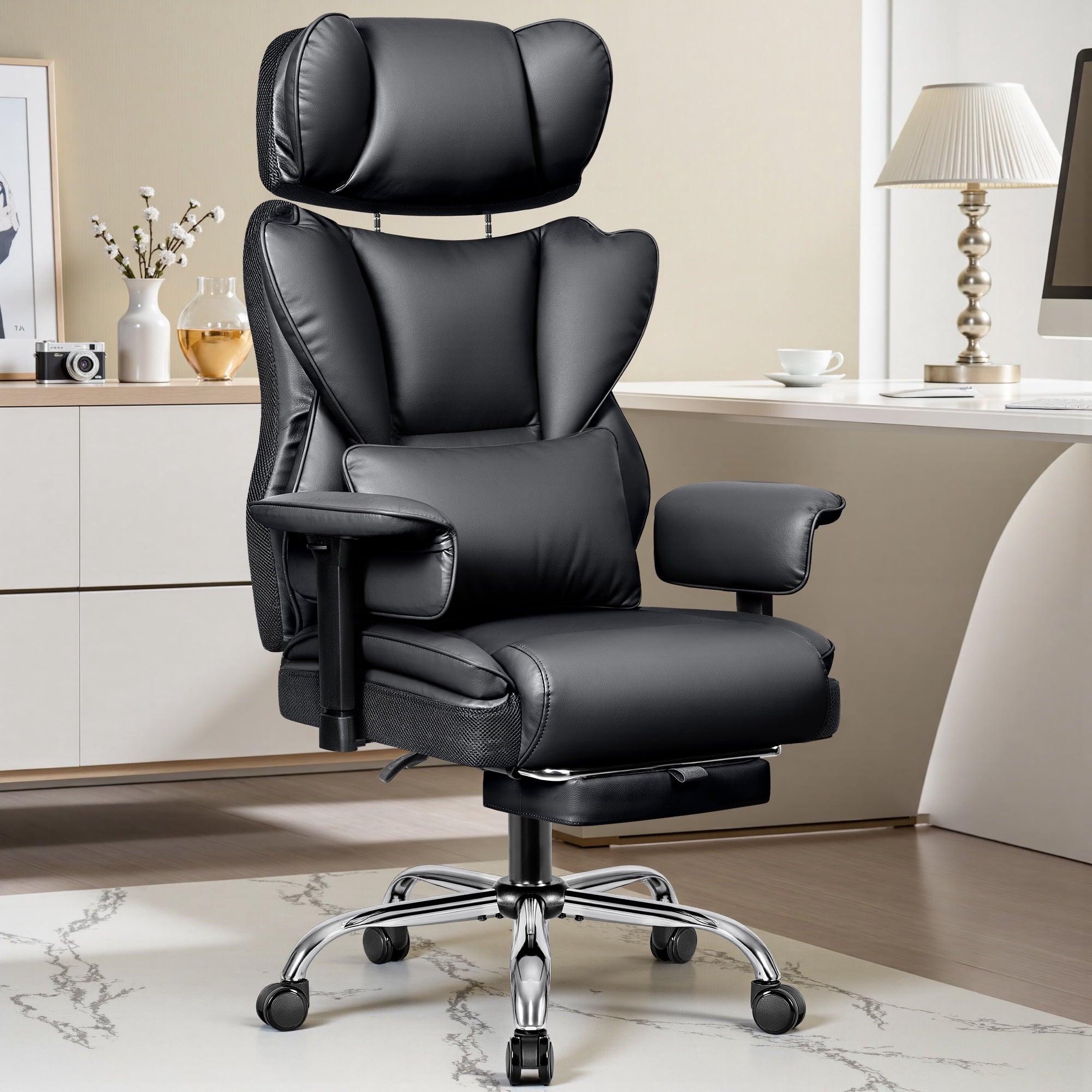 COOLHUT Big and Tall PU Leather Office Chair with Adjustable Headrest & Footrest, Executive Computer Desk Chair with 3D Adjustable Padded Armrest, Ergonomic Office Chair with Lumbar Support, Black