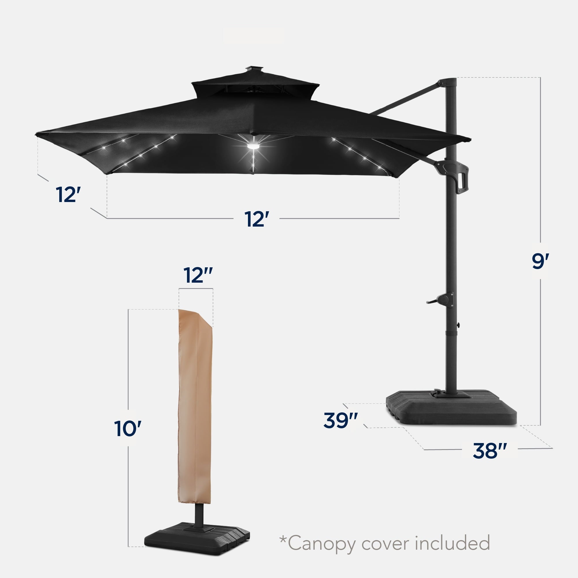 Best Choice Products 12x12ft 2-Tier Square Outdoor Solar LED Cantilever Umbrella w/ 360-Rotating Base   Gray