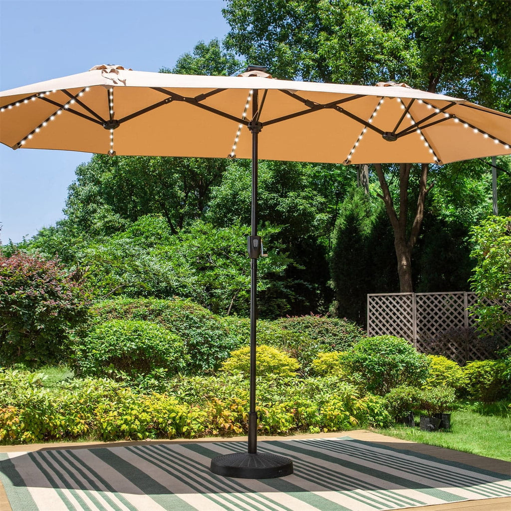 SUMMIT LIVING 13ft Large Patio Umbrella with Multi-Color LED Solar Lights Double-Sided Rectangular Outdoor Table Umbrella – Beige