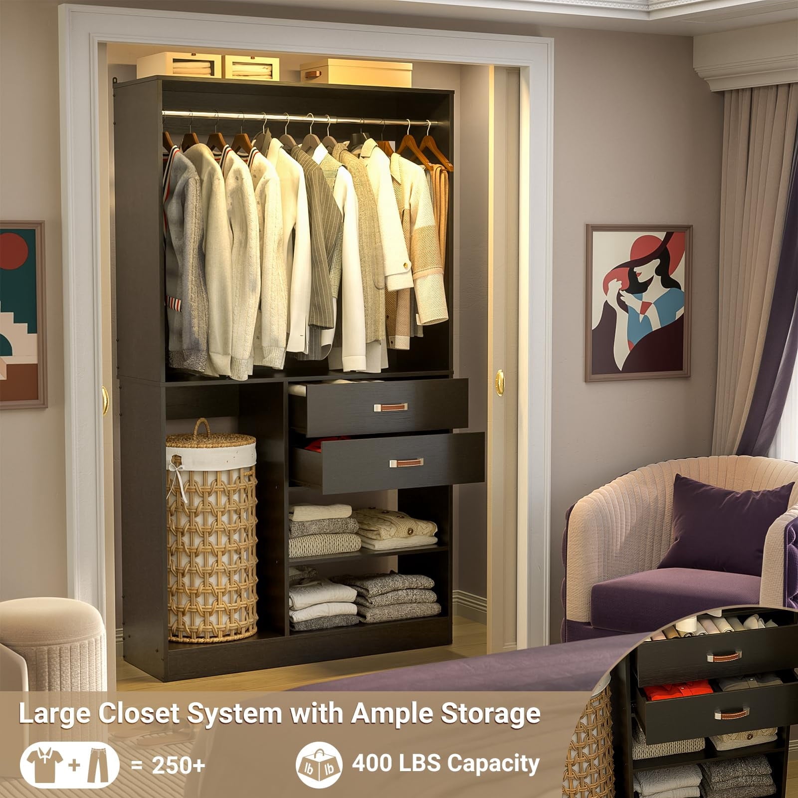 Homieasy Freestanding Closet System with Suitcase Storage, 40'' Closet Organizer System with 2 Wood Drawers and Hanging Rod, White