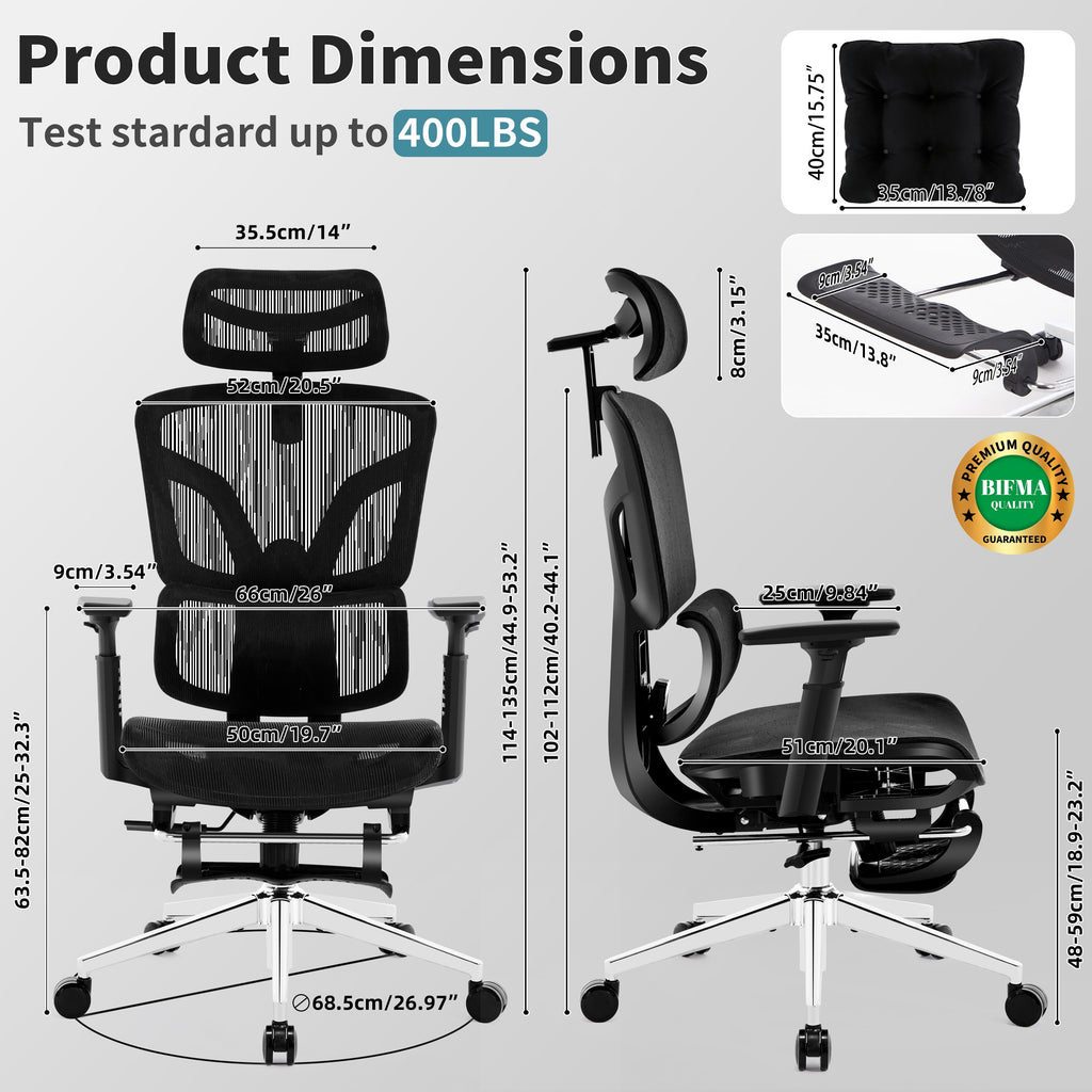 Nexthro Ergonomic Office Chair Mesh Chair with High Back Adjustable Headrest, Lumbar Support, 3D Armrest & Footrest, Swivel Computer Desk Chair(Black)