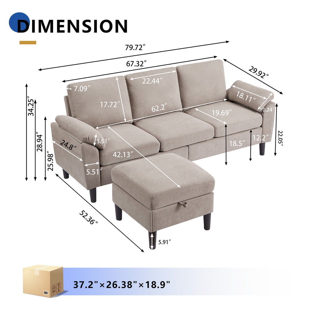 Jarenie 80 Convertible Sectional Sofa, Small L Shaped 3 Seat Couch with Reversible Storage Chaise, Modern Polyester Fabric Sofa Couches for Living Room, Apartment and Small Space, Beige