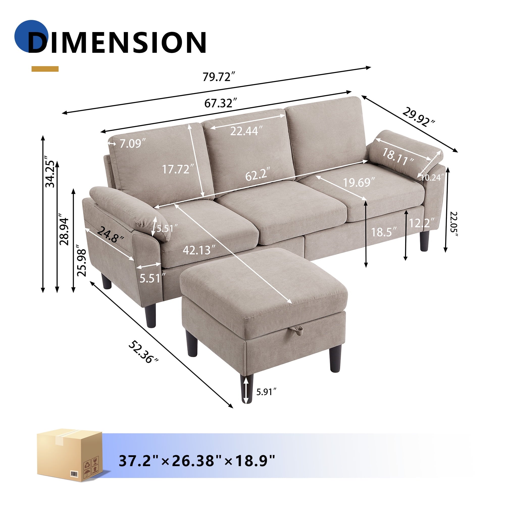 Jarenie 80 Convertible Sectional Sofa, Small L Shaped 3 Seat Couch with Reversible Storage Chaise, Modern Polyester Fabric Sofa Couches for Living Room, Apartment and Small Space, Beige
