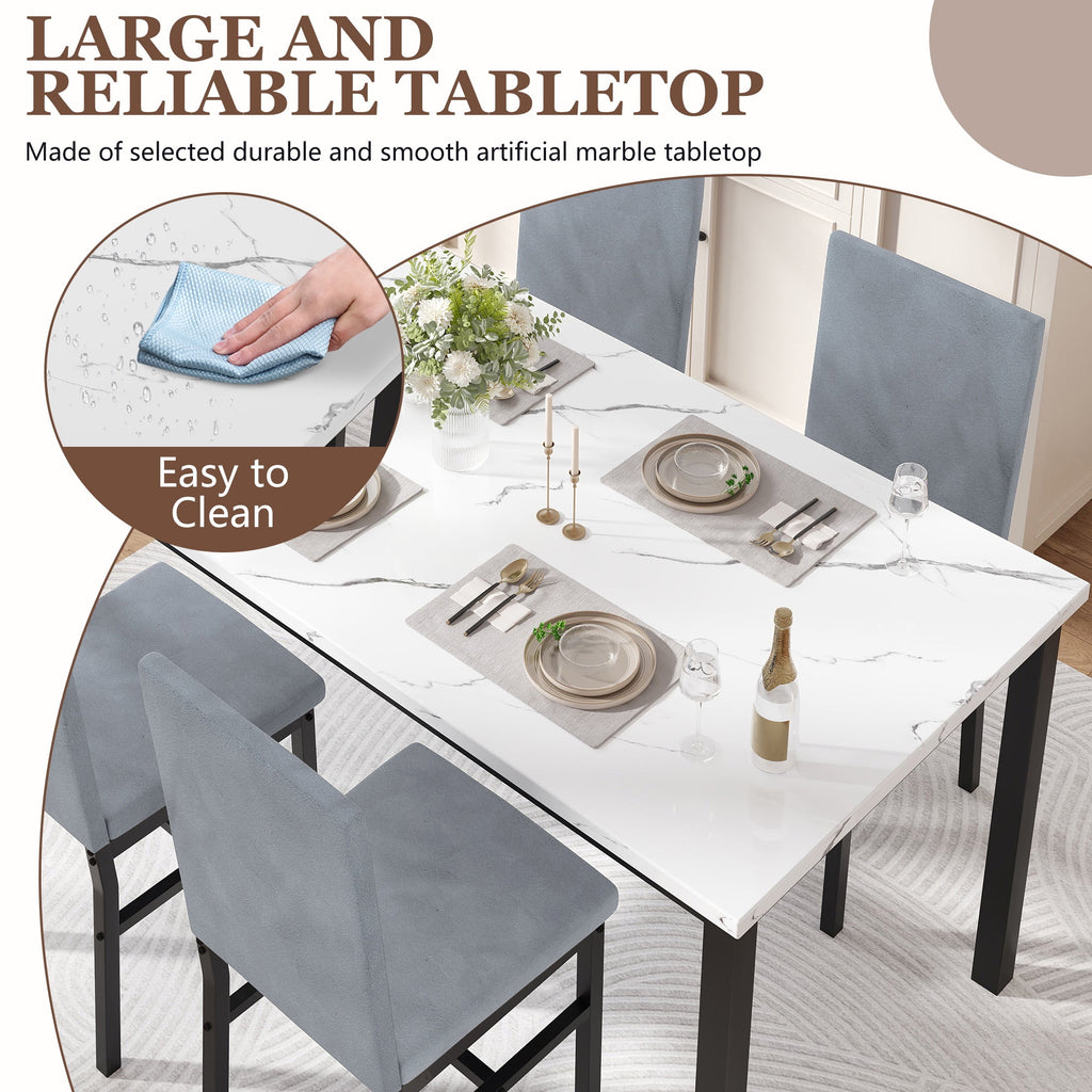UHOMEPRO Dining Table Set for 4, 5 Piece Dining Room Table Set with Gray Velvet Upholstered Chairs, White Faux Marble Pattern Rectangle Kitchen Table Set for Breakfast Nook Small Space