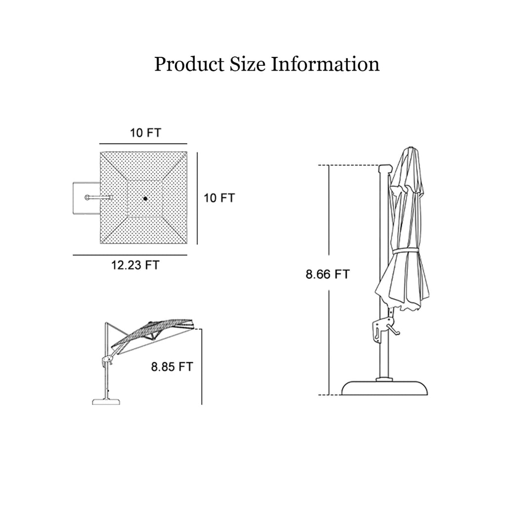 PURPLE LEAF 10x10 Ft Cantilever Umbrella Square Outdoor Patio Umbrella Large Offset Hanging Umbrella Aluminum Umbrella with 360°Rotation Adjustable Garden Pool Umbrella,Gray