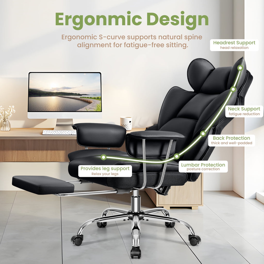 ATHOPE Executive Leather Office Chair 500lbs, Big and Tall Desk Chair with Footrest, High Back Ergonomic Reclining Computer Chair, High-Density Foam, Heavy Duty Swivel Rolling Chair, Black