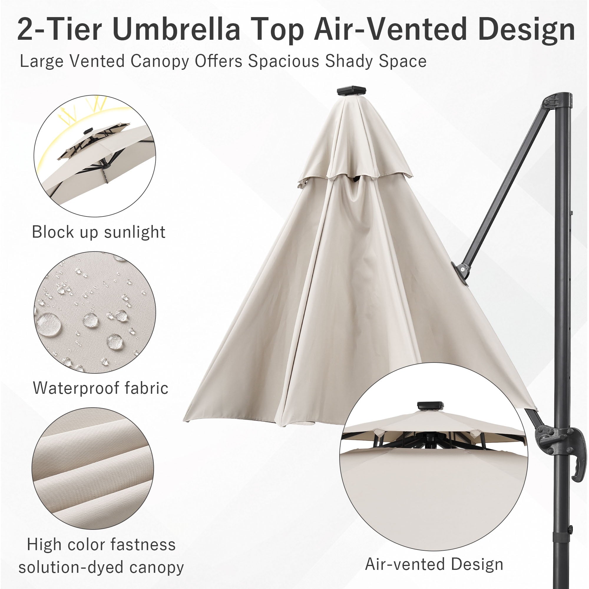 Ainfox 10ft Double Top Heavy-Duty Patio Cantilever Umbrella with lights and Cross Base, Outdoor Large Offset Hanging Aluminum Rotation Sun Shade Solar Umbrella with 360°Rotation Adjustable,Khaki