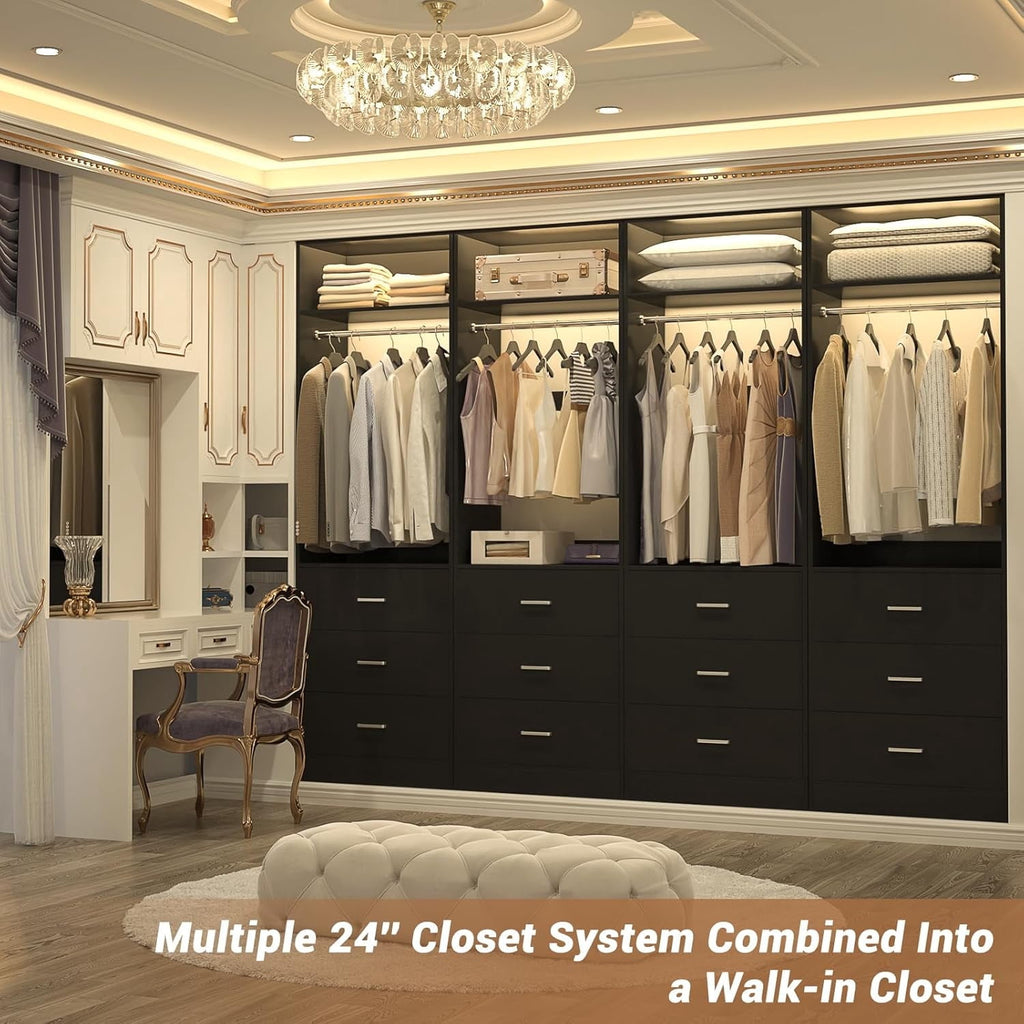 Homieasy Freestanding 2FT Closet System with 3 Wood Drawers, 24 Closet Organizer System with Hanging Rod & Shelves, Walk-in Closet Systems for Small Closets, White