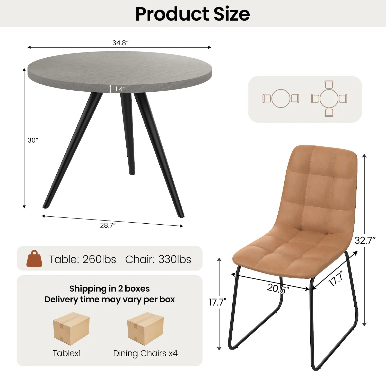 34.8 Round Dining Table for 4 People, Modern Circle Kitchen Table with Metal Legs for Kitchen, Dining Room, Apartment,Gray